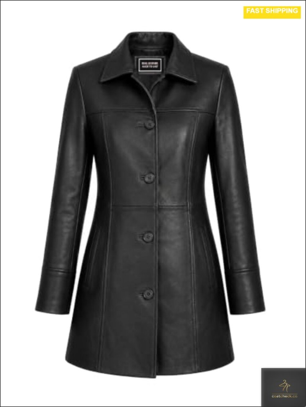 Women's Real Leather Long Car Coat Overcoat 3-4 Sleeve Button